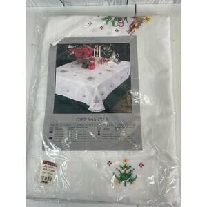 Vintage Hand Cross Stitch Lace Tablecloth Christmas Tree 68 x 122 NOS